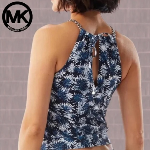 MICHAEL Michael Kors Blouson High Neck Tankini Top - Palm Mix. - Picture 3 of 8